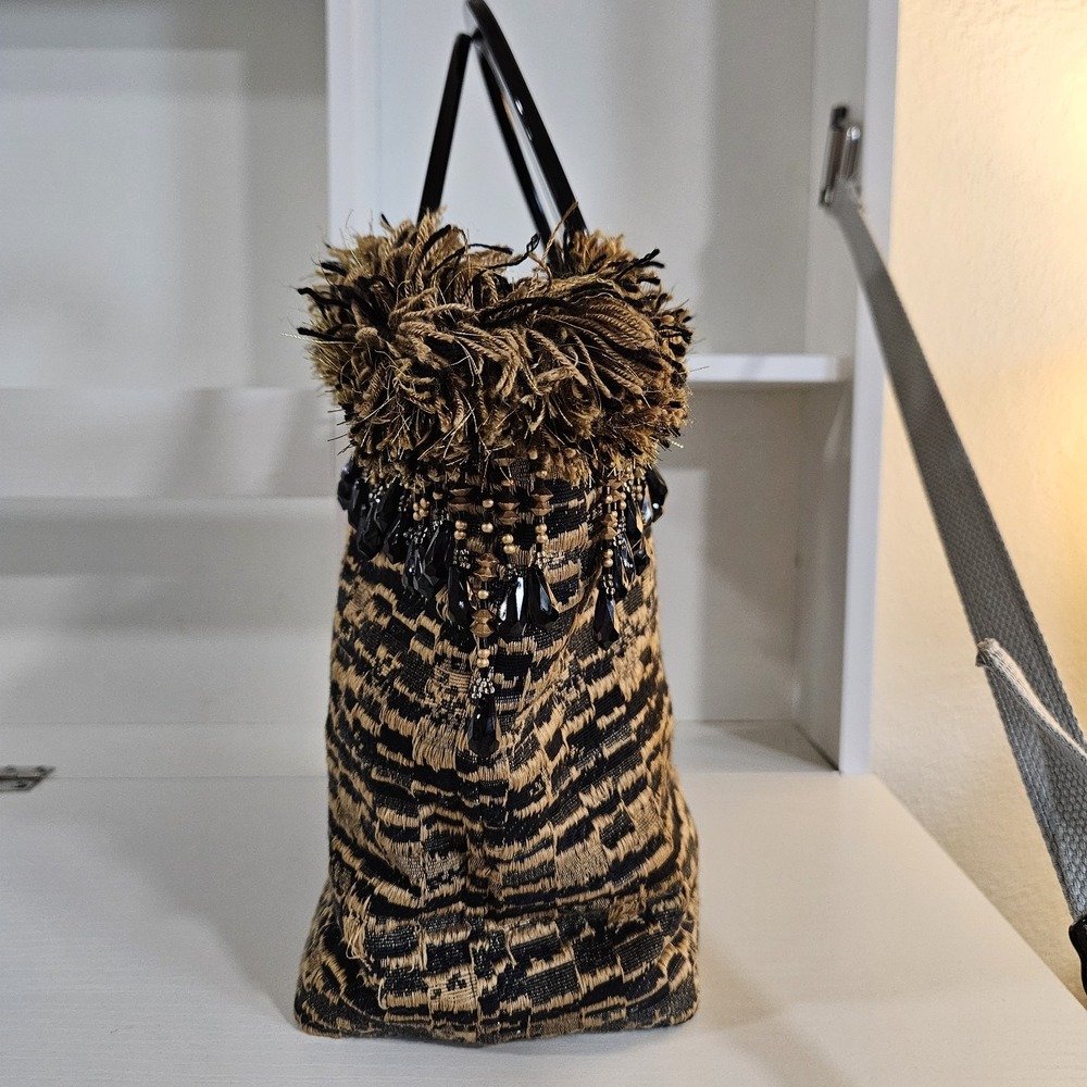 Martha Jo Totes Vintage Tapestry Handbag Beaded Fringe Black Gold - Picture 4 of 6